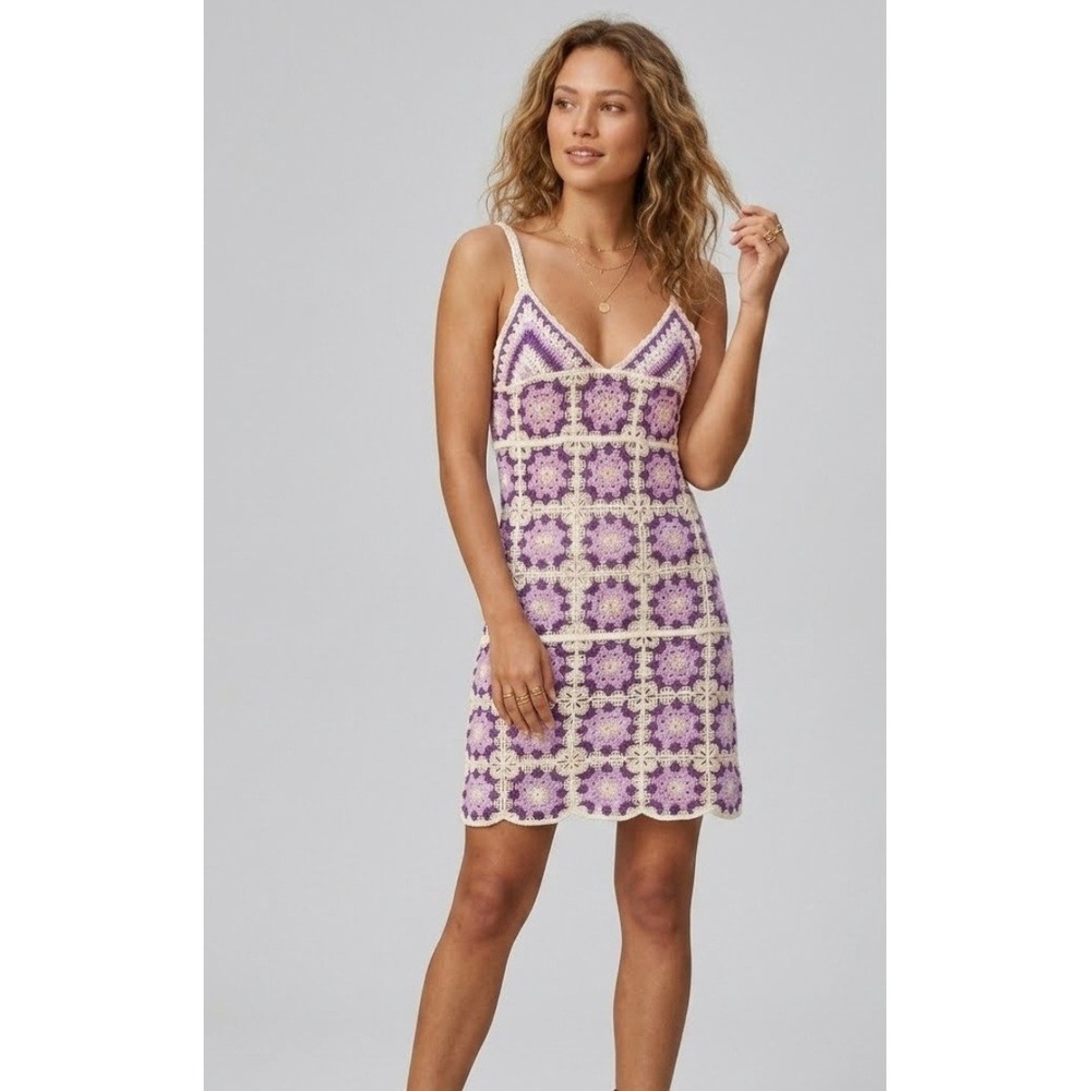 Angeleye London Purple Crochet Granny Square Mini Dress Fits Small festival NEW